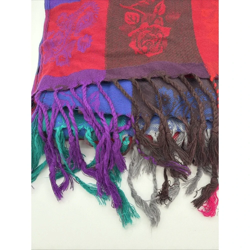 100% Cashmere Shawl Wrap Patchwork Rose Paisley Scarf Fringed Quiet Luxury 80x26